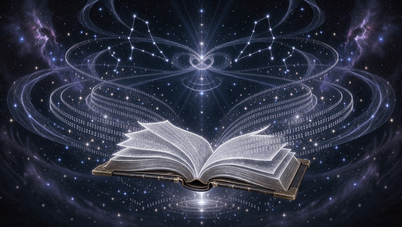 A glowing open book radiating constellation-threads into a cosmic sky